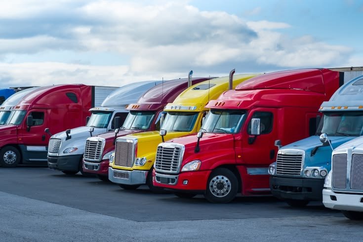 Lineup of refrigerated fleet trucks